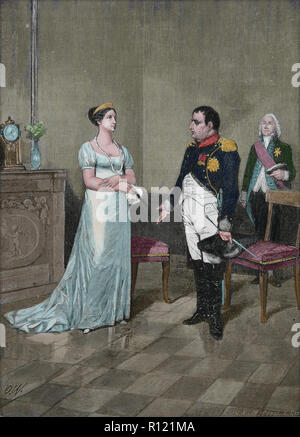 Rencontre entre Napoléon Bonaparte et de la reine Louise de Prusse, Tilsit. 6 juillet 1807. Gravure, 19ème siècle. Banque D'Images