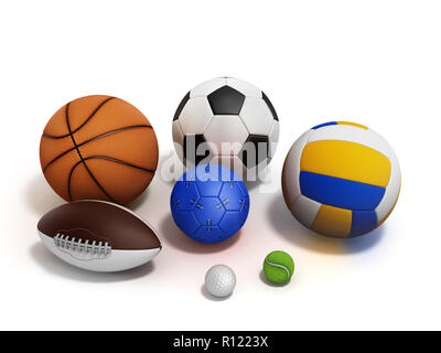 Divers sports balls 3D render sur blanc Banque D'Images