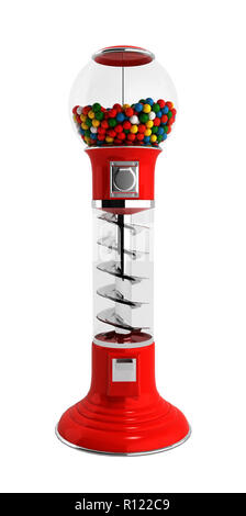 Gumball machine vintage rouge distributeur en verre et Plastique réfléchissant avec garniture chromée multicolores remplis de sur un gumballs isolés de rendu 3D Banque D'Images