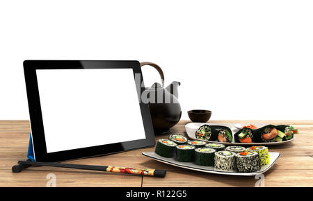 Livraison de plats japonais en ligne concept avec rouleaux de sushi sur une tablette électronique et baguettes de rendu 3D Banque D'Images