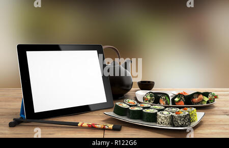 Livraison de plats japonais en ligne concept avec rouleaux de sushi sur une tablette électronique et baguettes 3d illustration Banque D'Images