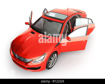 Voiture rouge ouvrir dors view 3D render sur blanc Banque D'Images
