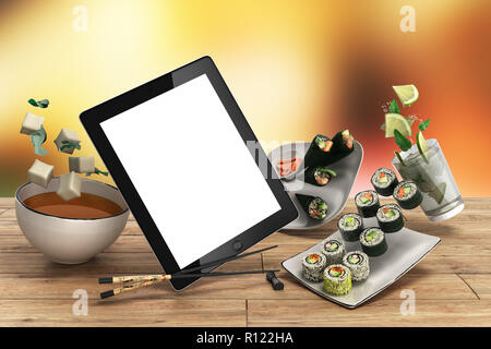 Livraison de plats japonais en ligne concept avec rouleaux de sushi sur une tablette électronique et baguettes 3d illustration Banque D'Images