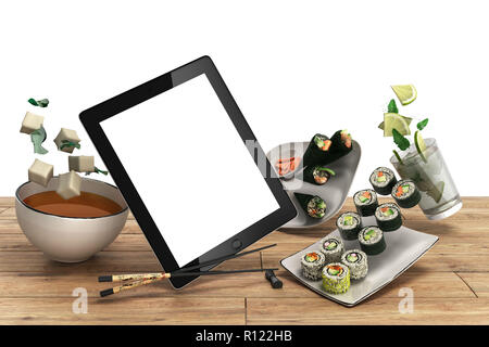 Livraison de plats japonais en ligne concept avec rouleaux de sushi sur une tablette électronique et baguettes de rendu 3D Banque D'Images
