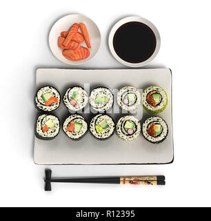 Rouleaux de sushi alimentaire japonais en ligne 3D render sur blanc Banque D'Images