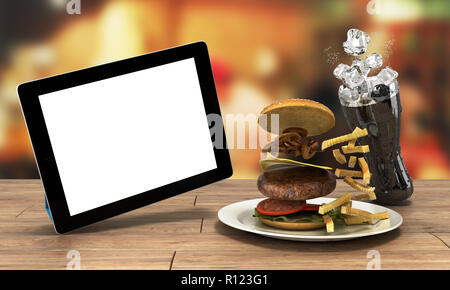 Ordinateur tablette avec un écran vide sur la table en bois avec un hamburger et un verre de coca avec de la glace de l'espace libre pour le texte 3D render Banque D'Images