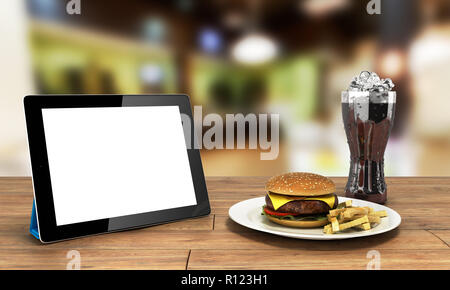 Ordinateur tablette avec un écran vide sur la table en bois avec un hamburger et un verre de coca avec de la glace de l'espace libre pour le texte 3D render Banque D'Images