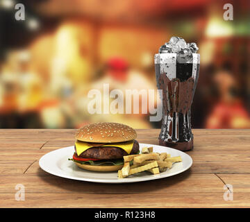 Hamburger et un verre de coca avec de la glace sur une table en bois couleur d'espace libre pour le texte 3D render Banque D'Images