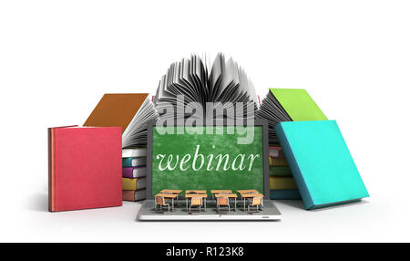 Concept de l'école connaissances travail bureau d'affaires et les médias électroniques portable concept ou portable avec pile de livres blancs sur le rendu 3D Banque D'Images