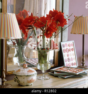 Roses dans un vase à côté de mirror Banque D'Images