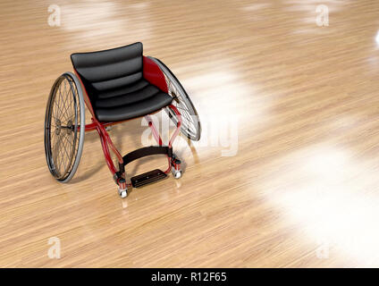 Une modification vide fauteuil roulant utilisé par les athlètes handicapés de participer à divers codes sportifs sur un parquet ciré, rendu 3D - l'arrière-plan Banque D'Images