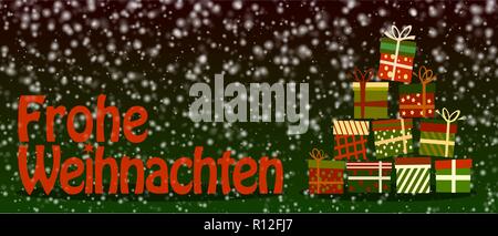 Snowy Frohe Weihnachten, joyeux Noël en allemand, une bannière ou une carte postale avec des cadeaux colorés Illustration de Vecteur