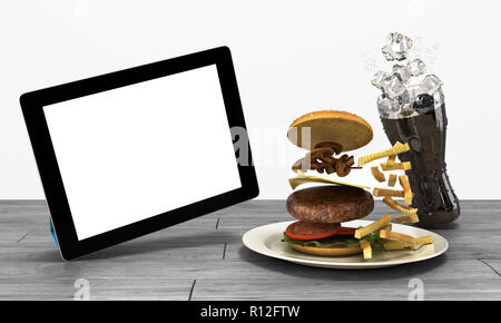 Ordinateur tablette avec un écran vide sur la table en bois avec un hamburger et un verre de coca avec de la glace de l'espace libre pour le texte 3D render sur blanc Banque D'Images