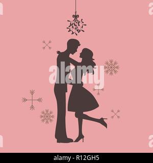 Silhouette de couple s'embrassent sous le gui. Carte de vœux d'illustration vectorielle Illustration de Vecteur