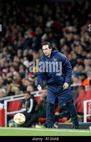 London, UK . 8 novembre, 2018. Unai Emery, manager d'Arsenal au cours de la phase de groupes de l'UEFA Europa League match entre Arsenal et sportifs à l'Emirates Stadium, Londres, Angleterre le 8 novembre 2018. Photo par Carlton Myrie. Usage éditorial uniquement, licence requise pour un usage commercial. Aucune utilisation de pari, de jeux ou d'un seul club/ligue/dvd publications. Credit : UK Sports Photos Ltd/Alamy Live News Banque D'Images