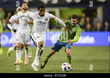 Seattle, Washington, USA. 8Th Nov 2018. Comme le Portland Timbers visiter les Sounders de Seattle dans une Conférence Ouest MLS demi-finale au siècle Lien Field à Seattle, WA. Crédit : Jeff Halstead/ZUMA/Alamy Fil Live News Banque D'Images