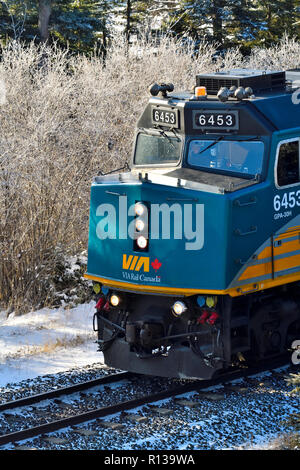 Un gros plan vertical image d'un train de Via Rail voyageant sur un moteur piste dans des régions rurales de l'Alberta, Canada. Banque D'Images