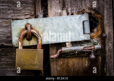 Fermoir de porte de protection rustique et d'un cadenas avec d'araignée et un boulon rouillé Banque D'Images