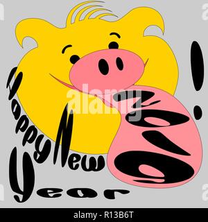 Cochon jaune cartoon funny voeux pour la nouvelle année Illustration de Vecteur