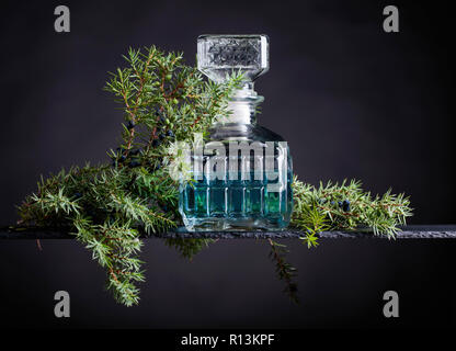 Carafe en cristal bleu Gin et genièvre baies avec la direction générale sur un fond noir. Banque D'Images