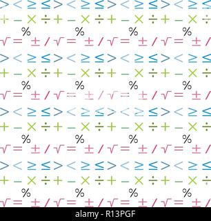 Motif géométrique mathématiques seamless. Arrière-plan de moins, de plus, l'égalité, non égal, la division, la multiplication,  %, égale radical, Illustration de Vecteur