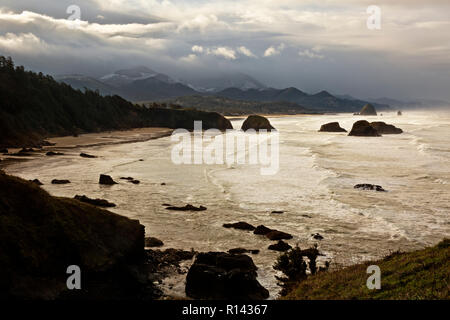 Ou02366-00...OREGON - Lever du soleil sur un matin d'hiver orageux sur la côte de l'Oregon au point d'Ecola sur parc d'état d'Ecola près de Cannon Beach. Banque D'Images