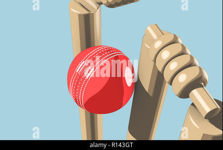 Une balle qui frappe de cricket en cuir rouge cricket wickets en bois sur un fond de ciel bleu - 3D render Banque D'Images