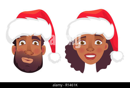 Visage de l'homme et de la femme africaine dans la région de christmas hat. Émotions d'african american woman face. L'expression du visage hommes illustration Banque D'Images