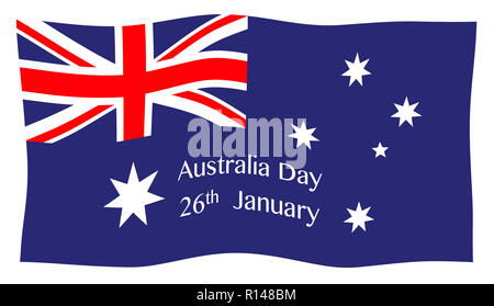 Drapeau australien avec le texte l'Australie Jour 26 janvier agitant dans le vent Banque D'Images