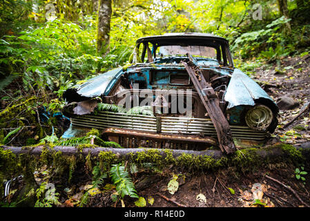 Vieille voiture vieille épave rouillée abandonnée dans la forêt Banque D'Images