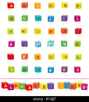 Cubes alphabet coloré avec des lettres et des chiffres pour sélectionner et mettre ensemble - illustration sur fond blanc. Banque D'Images