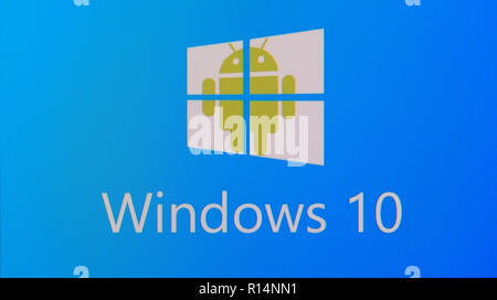 La Russie, Poltavskaya village - 13 août 2016 : le logo Windows 10 logo android. Symbole de compatibilité. Banque D'Images