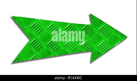 Fer métallique vert signe avec flèche de direction (checker plate en acier ou diamond plate) metal texture pattern cut out isolé sur un blanc retour Banque D'Images