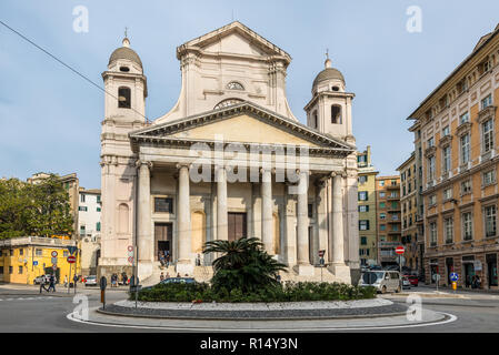 Gênes, Italie - 28 octobre 2017 : Façade de la cathédrale catholique Basilique della Santissima Annunziata del Vastato à Gênes, Italie, Ligury. Banque D'Images