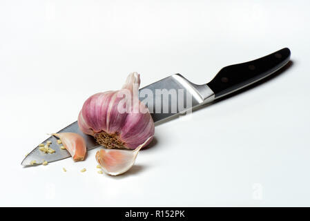 Knoblauchknolle Knoblauchzehen und auf Messer, Allium sativum Banque D'Images