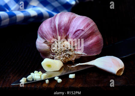 Knoblauchknolle Knoblauchzehen und auf Messer, Allium sativum Banque D'Images