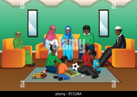 Un vecteur illustration de la famille musulmane de l'Afrique de jouer dans la salle de séjour Illustration de Vecteur