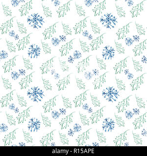 Motif de Noël transparente avec des branches et des flocons de neige. Illustration à l'aquarelle sur fond blanc. Banque D'Images