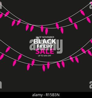 Vente Vendredi noir avec des lumières de Noël fait main en forme de bougie garlandand fond sombre pour logo, bannières, étiquettes, badges, imprimés, affiches, web. Vector illustration. Illustration de Vecteur