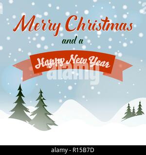 Square carte noël et nouvel an avec collines enneigées et arbres Illustration de Vecteur