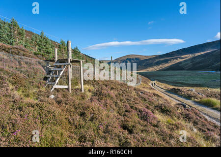 Un stile sur deer fence in Glen Esk avec deux femmes marcheurs randonnées le long du chemin en arrière-plan Banque D'Images