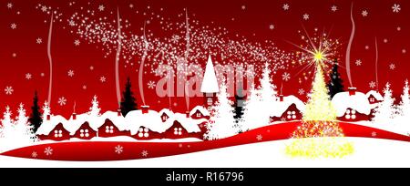 Drapeau rouge de Noël. Scène de nuit d'une maison de vacances de Noël sur fond rouge. Illustration de Vecteur