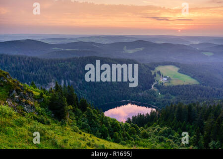 Voir à partir de la montagne Feldberg au lac Feldsee, sunrise, Forêt-Noire, Bade-Wurtemberg, Allemagne Banque D'Images