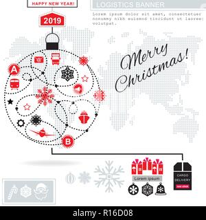 Parcours rouge en forme de boule de noël sur fond blanc. Rouge Gris Blanc logistique Noël icônes sur le fond blanc. Technology backgroun Illustration de Vecteur