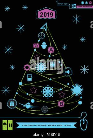 Chemin dans la forme d'arbre de Noël. Néon lumineux logistique Noël icônes sur le fond noir. Arrière-plan de la technologie. Icône de Santa Clause. Illustration de Vecteur