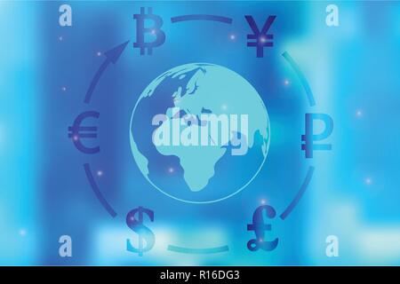 Vector illustration d'un concept de service de change dollar, yen, livre, ruble, euro, bitcoin autour du globe sur un fond bleu. Illustration de Vecteur