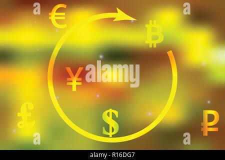 Vector illustration d'un concept de service de change dollar, yen, livre, ruble, bitcoin euro sur un fond jaune lumineux. Illustration de Vecteur