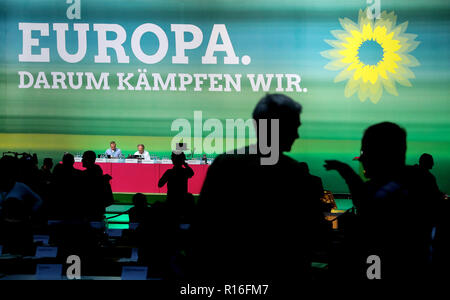 Leipzig, Allemagne. 09Th Nov, 2018. Les membres de l'Alliance 90/Les Verts sont sur le point de commencer la 43e Conférence des délégués fédéraux dans le hall. Le congrès du parti se concentrera sur l'adoption du programme pour les élections européennes et l'élaboration de la liste fédérale des verts pour les élections européennes. Crédit : Jan Woitas/dpa-Zentralbild/dpa/Alamy Live News Banque D'Images