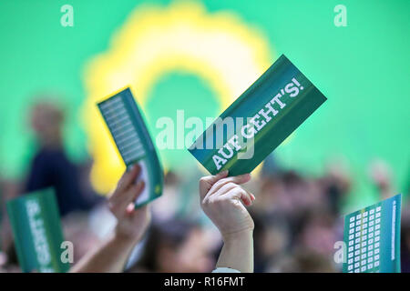 Leipzig, Allemagne. 09Th Nov, 2018. Les participants de la conférence des délégués de l'Alliance 90/voter avec leur carte de vote. Le congrès du parti se concentrera sur l'adoption du programme pour les élections européennes et l'élaboration de la liste fédérale des verts pour les élections européennes. Crédit : Jan Woitas/dpa-Zentralbild/dpa/Alamy Live News Banque D'Images