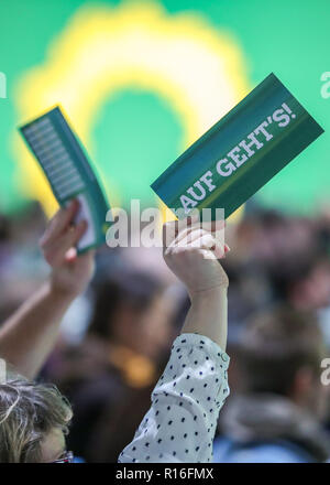 Leipzig, Allemagne. 09Th Nov, 2018. Les participants de la conférence des délégués de l'Alliance 90/voter avec leur carte de vote. Le congrès du parti se concentrera sur l'adoption du programme pour les élections européennes et l'élaboration de la liste fédérale des verts pour les élections européennes. Crédit : Jan Woitas/dpa-Zentralbild/dpa/Alamy Live News Banque D'Images